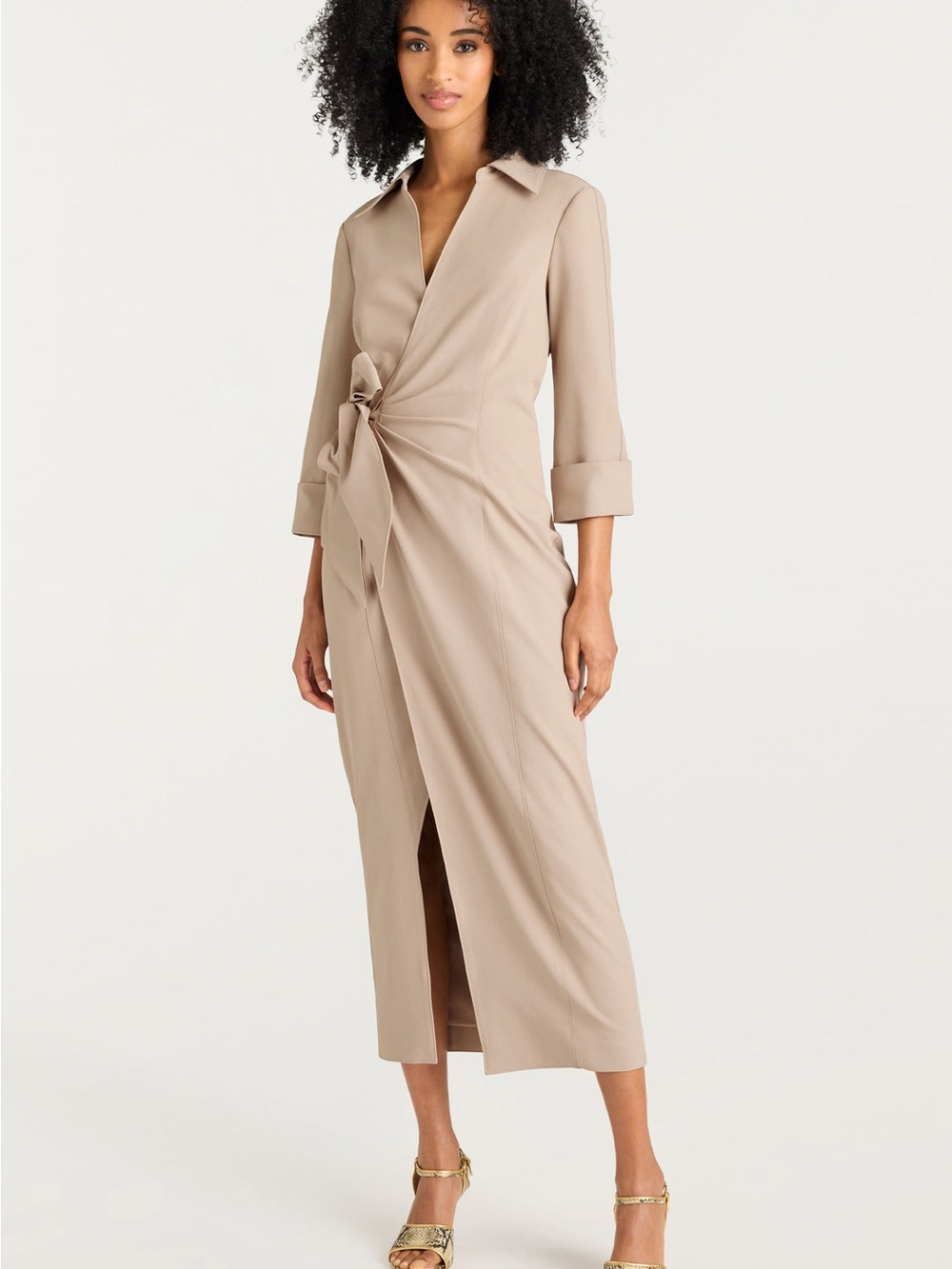 Cinq a Sept CAYLEIGH DRESS Wrap Long Sleeve Collared Midi Dress Beige Khaki 0 XS